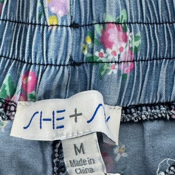 She and Sky Floral Chambray Shorts Blue Drawstring Waist‎ Women's Medium New - Picture 6 of 8
